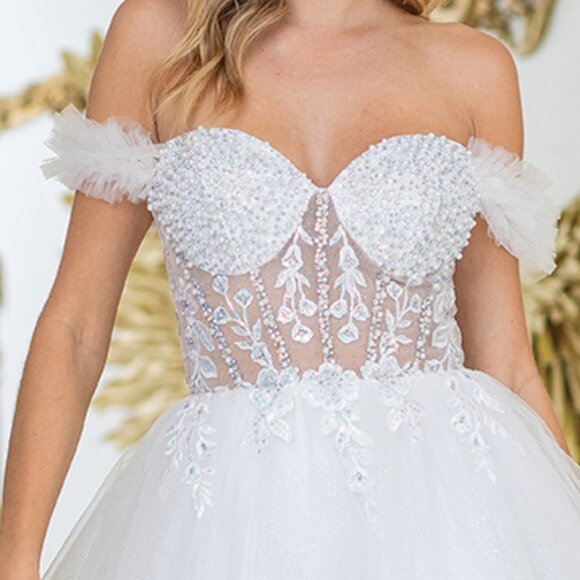 New White Floral Lace Embellished Mini Fit & Flare Wedding Tulle Dress DQ 3406 - Picture 8 of 9